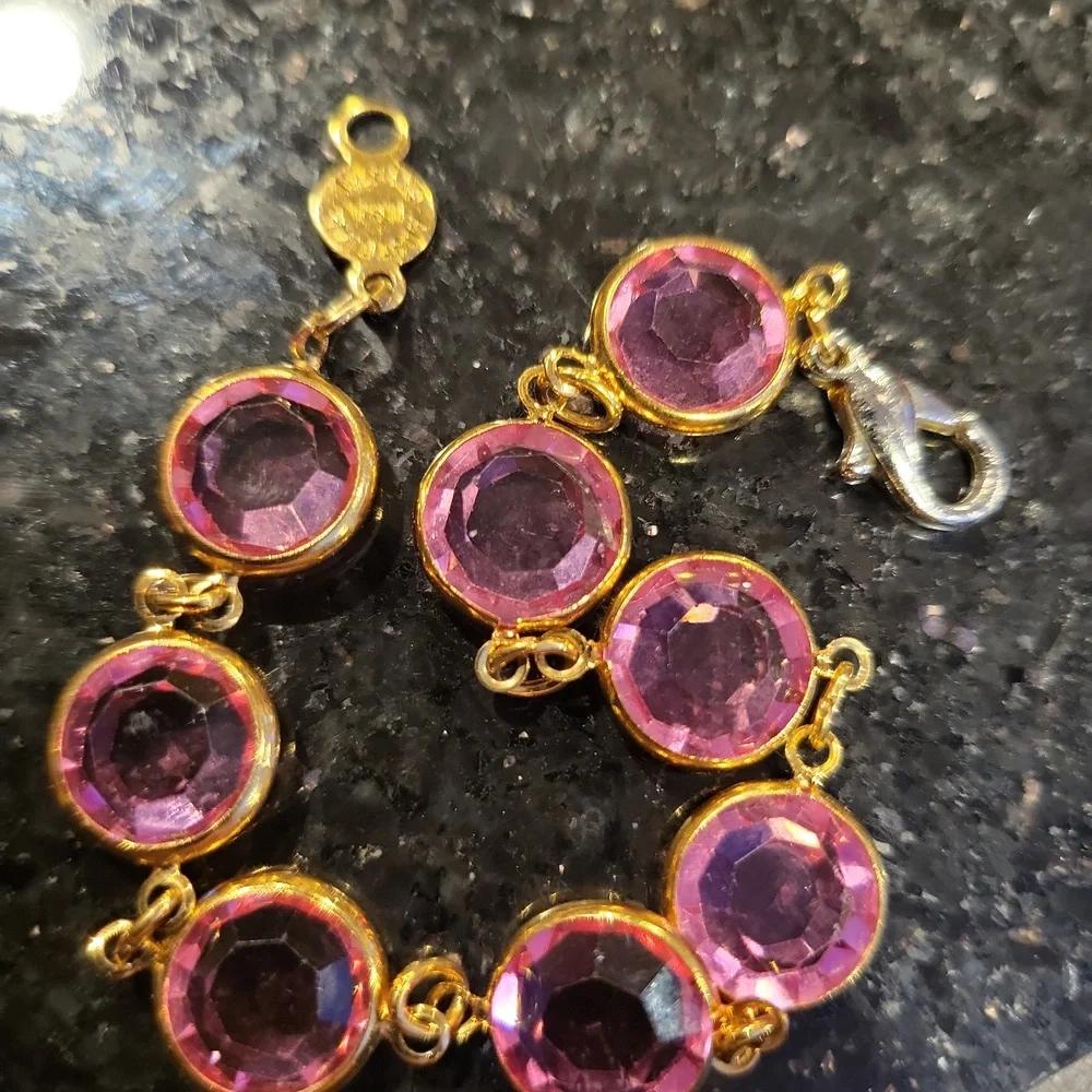 Austrian USA Crystal Pink Gold Tone Encased Crystal Bracelet 7